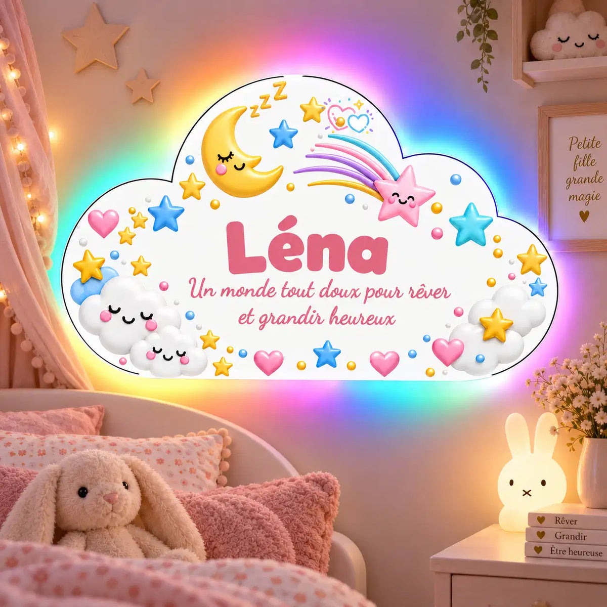 Veilleuse nuage personnalisée thème lune avec prénom et éclairage LED