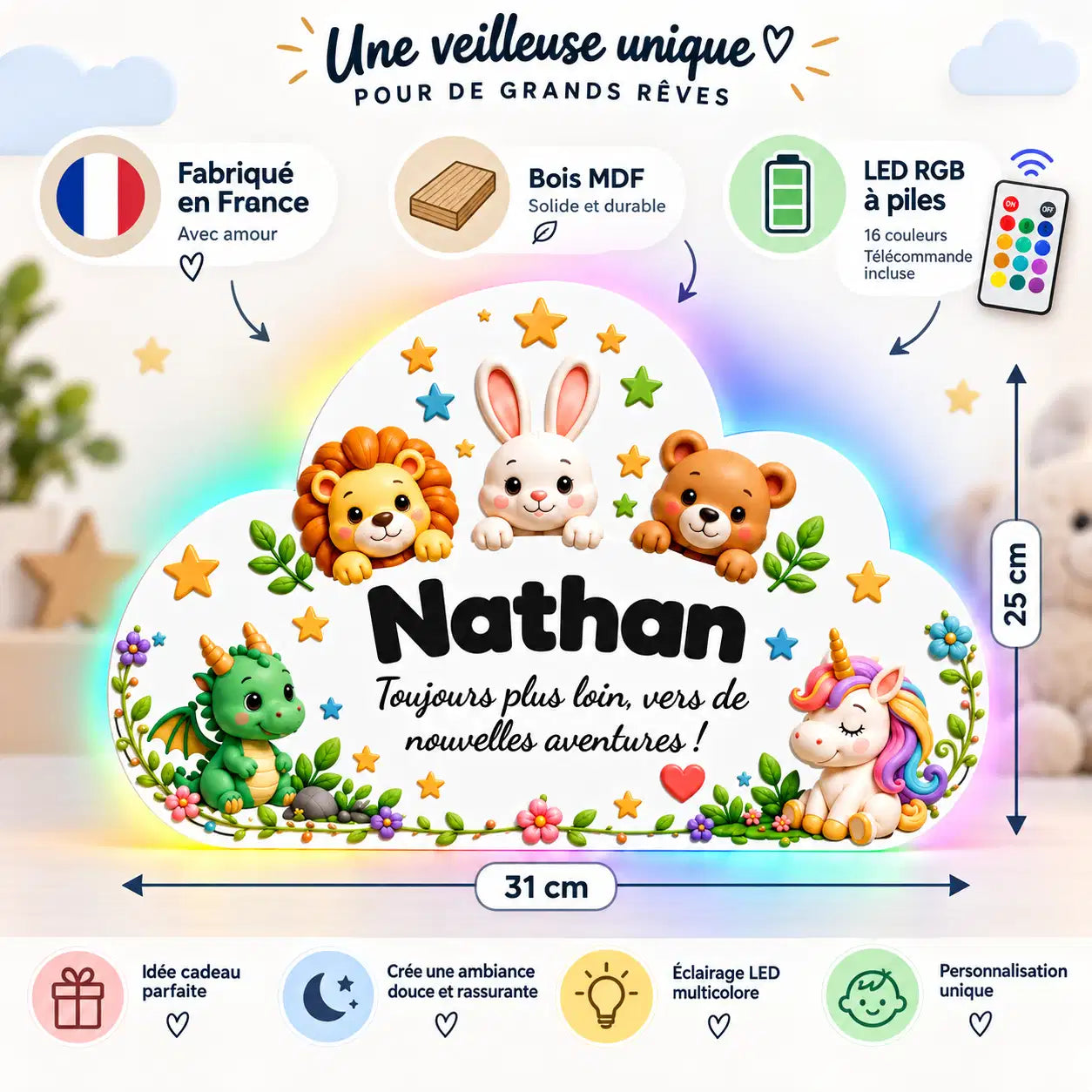 Veilleuse Nuage Personnalisée avec Prénom – Décoration Lumineuse Chambre Enfant