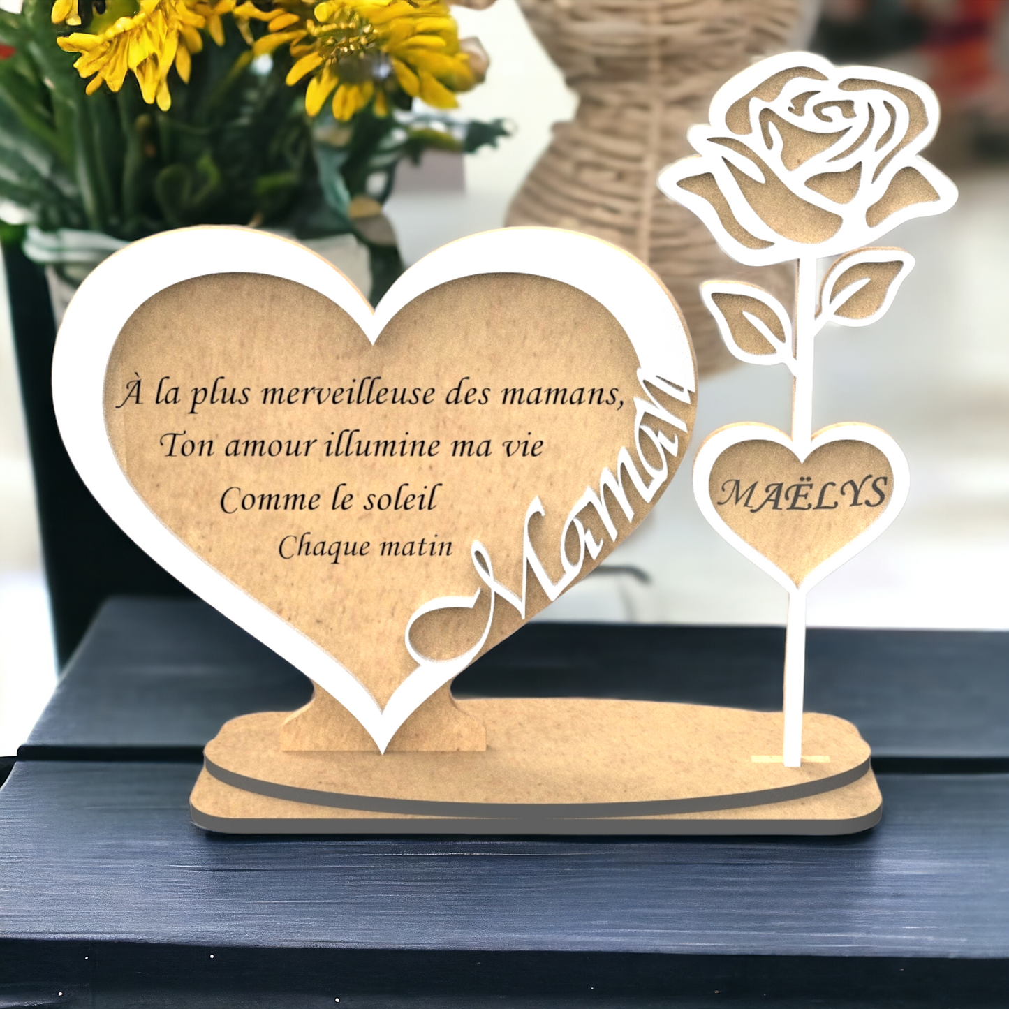 Décoration Cœur et Rose personnalisé pour Maman