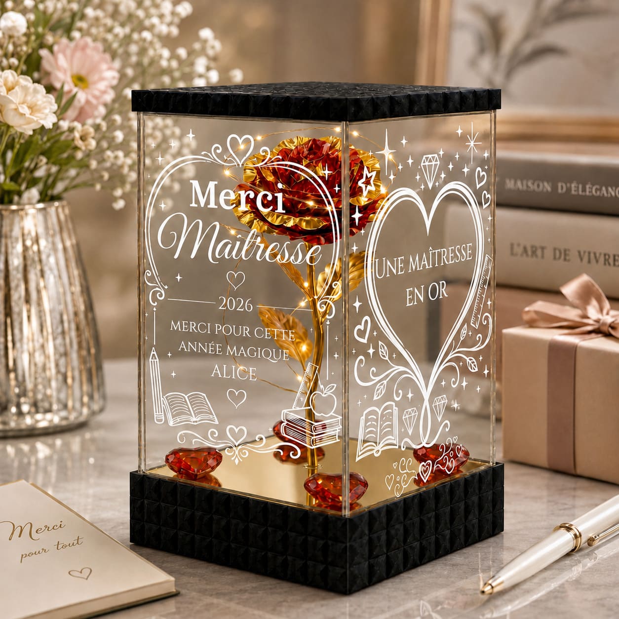 Rose Dorée Lumineuse Merci Maîtresse – Cadeau Personnalisé École