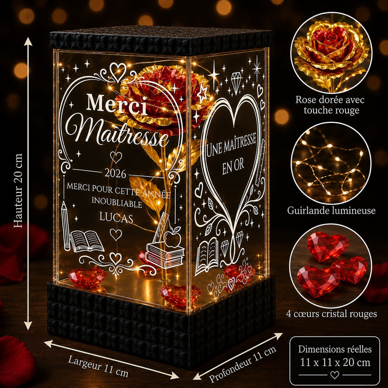 Rose Dorée Lumineuse Merci Maîtresse – Cadeau Personnalisé École