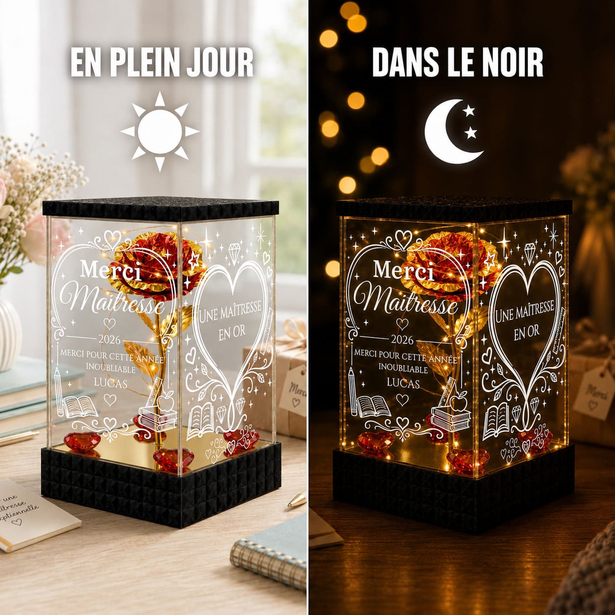 Rose Dorée Lumineuse Merci Maître – Cadeau Personnalisé de Fin d’Année Scolaire