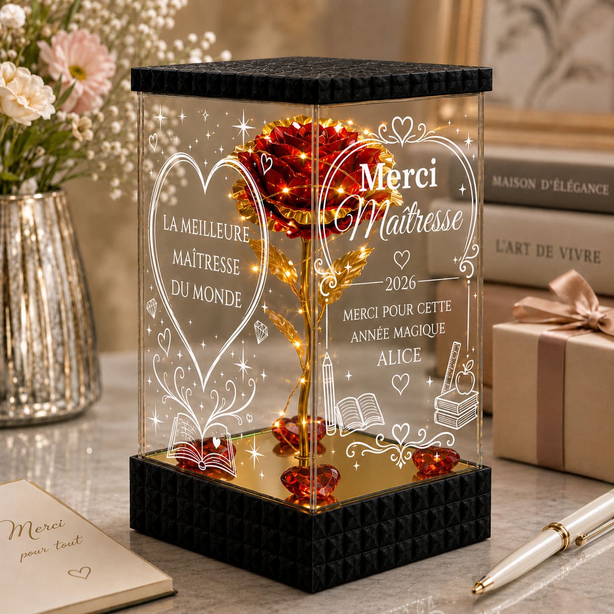 Rose Dorée Lumineuse Merci Maîtresse – Cadeau Personnalisé École
