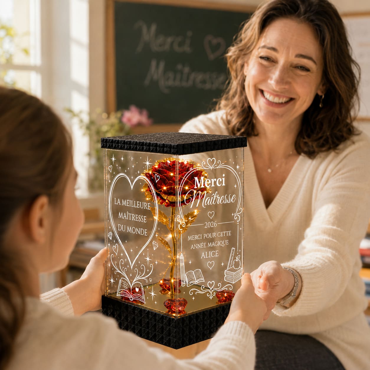 Rose Dorée Lumineuse Merci Maîtresse – Cadeau Personnalisé École