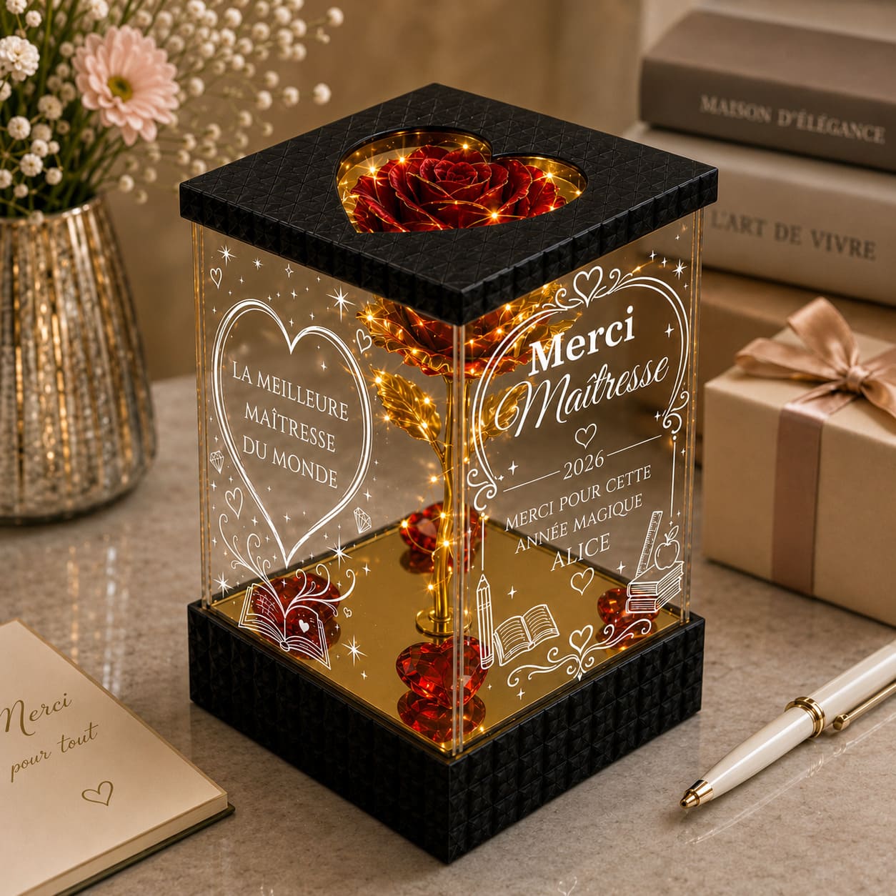 Rose Dorée Lumineuse Merci Maîtresse – Cadeau Personnalisé École