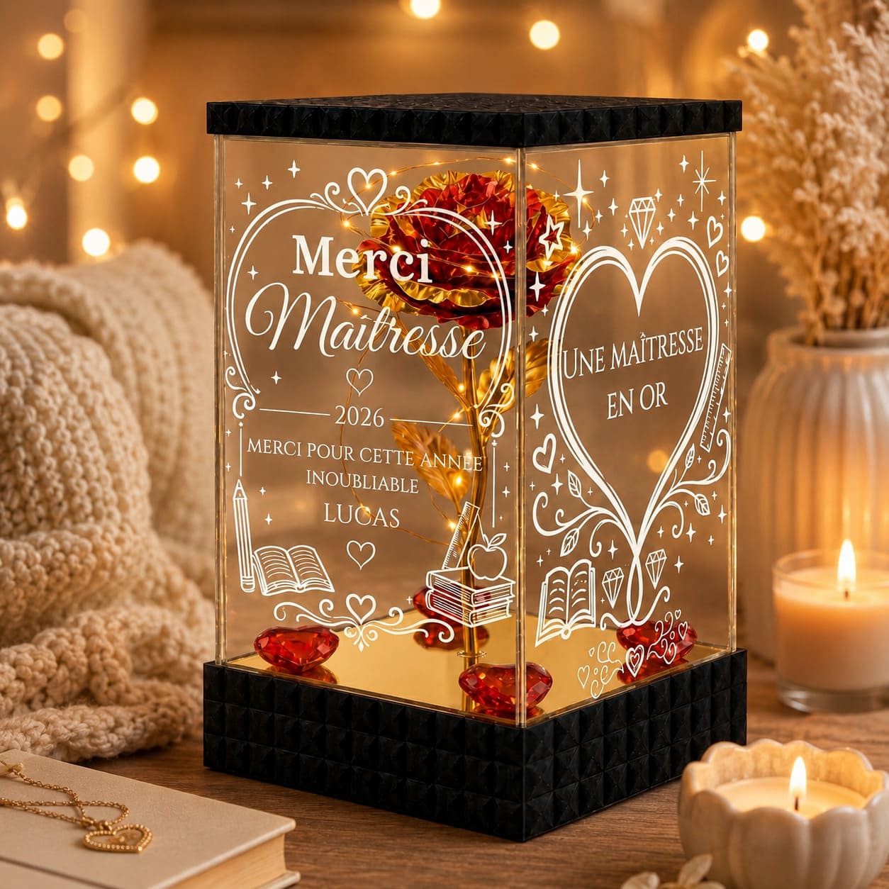Rose Dorée Lumineuse Merci Maîtresse – Cadeau Personnalisé École