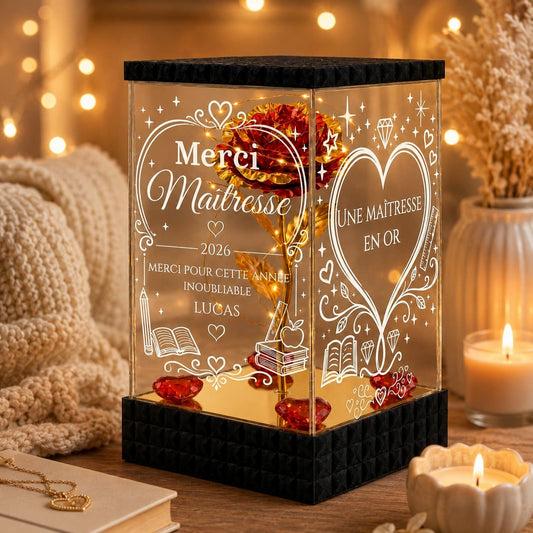 Rose Dorée Lumineuse Merci Maîtresse – Cadeau Personnalisé École