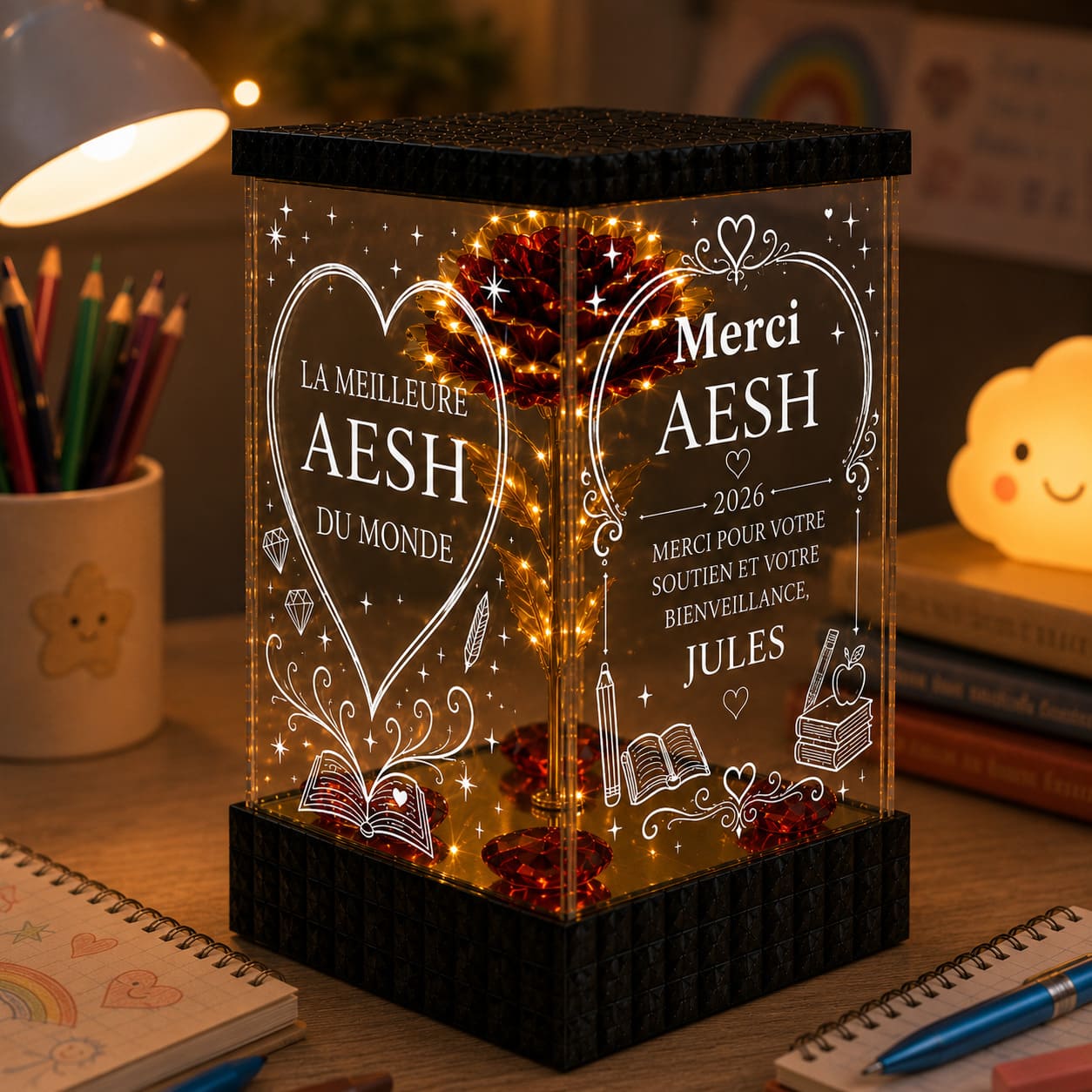 Cadeau AESH Personnalisé - Rose Dorée Lumineuse Merci AESH