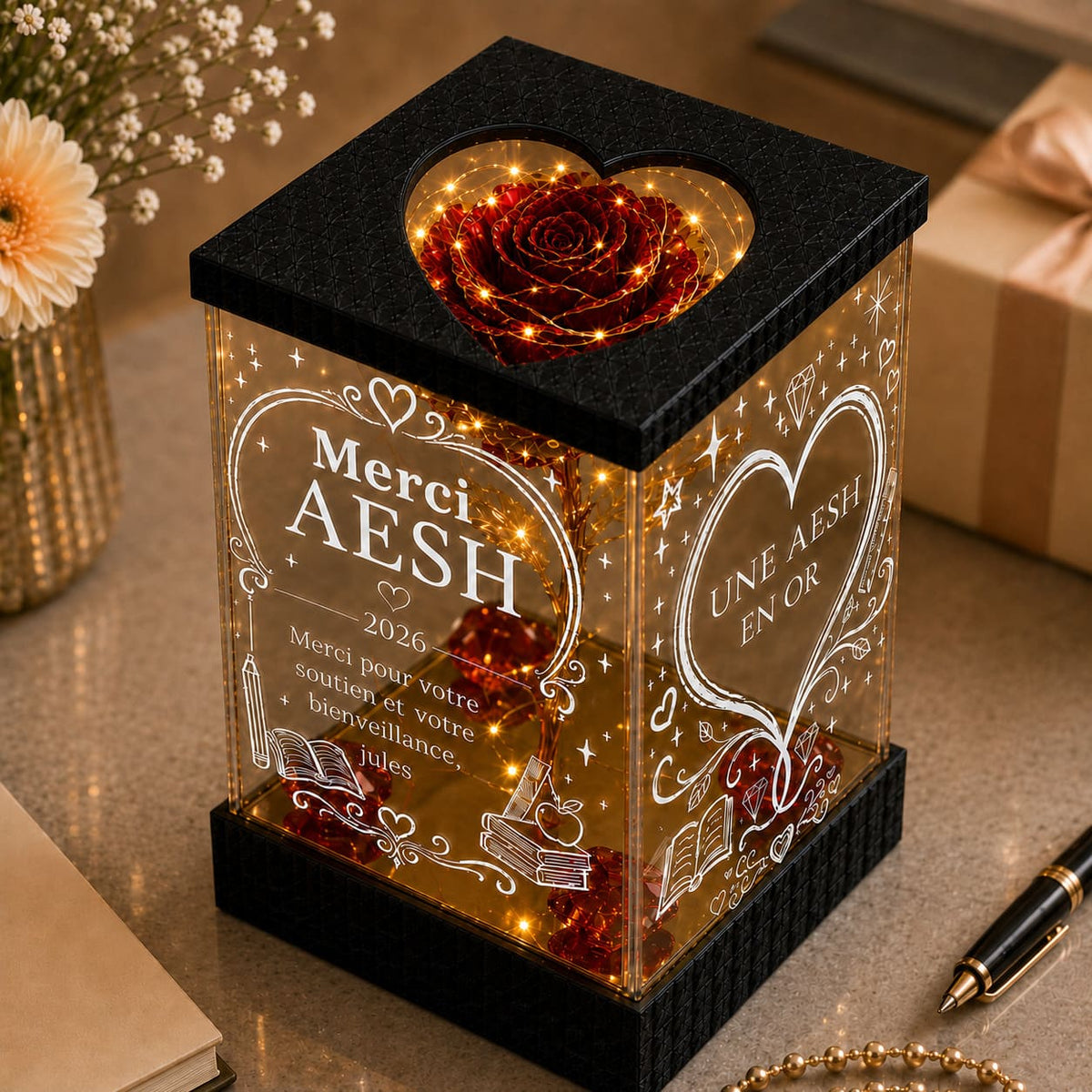 Cadeau AESH Personnalisé - Rose Dorée Lumineuse Merci AESH