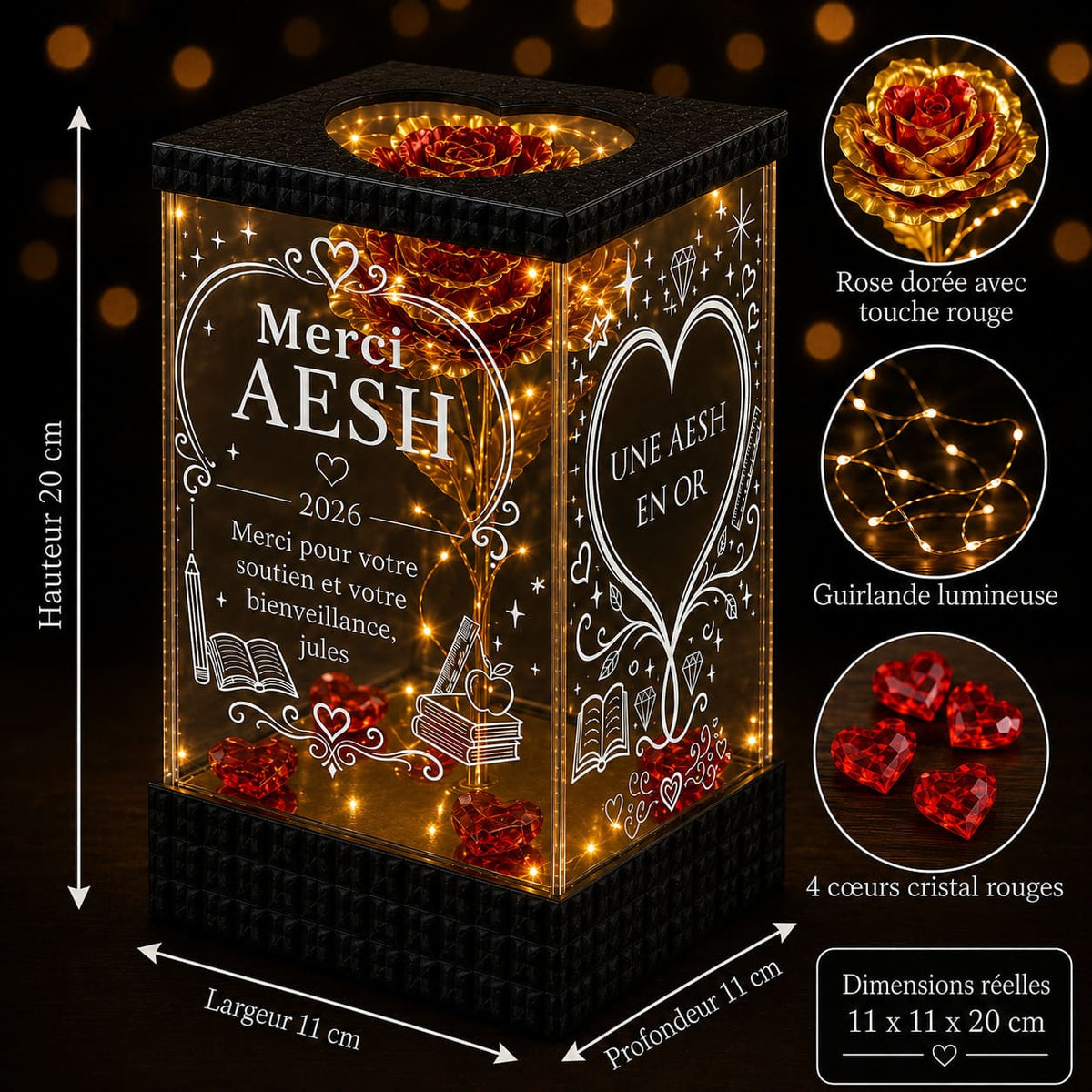 Cadeau AESH Personnalisé - Rose Dorée Lumineuse Merci AESH