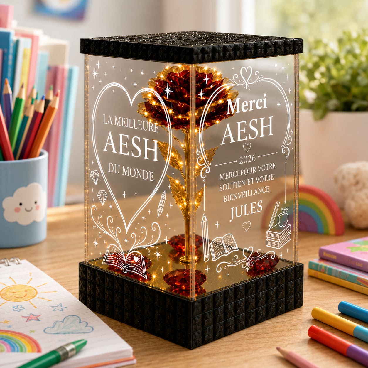 Cadeau AESH Personnalisé - Rose Dorée Lumineuse Merci AESH