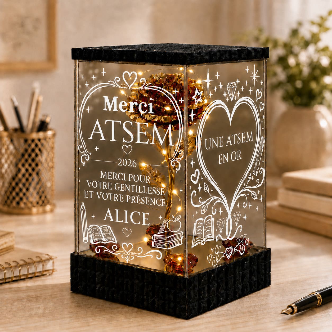 Merci ATSEM Rose Dorée Lumineuse – Cadeau Personnalisé de Fin d’Année Scolaire