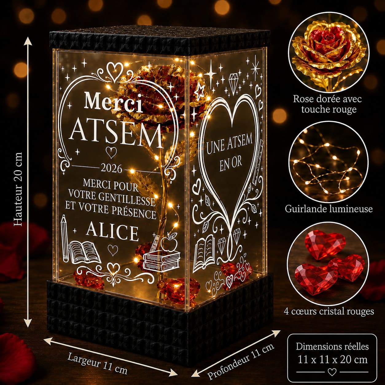 Merci ATSEM Rose Dorée Lumineuse – Cadeau Personnalisé de Fin d’Année Scolaire