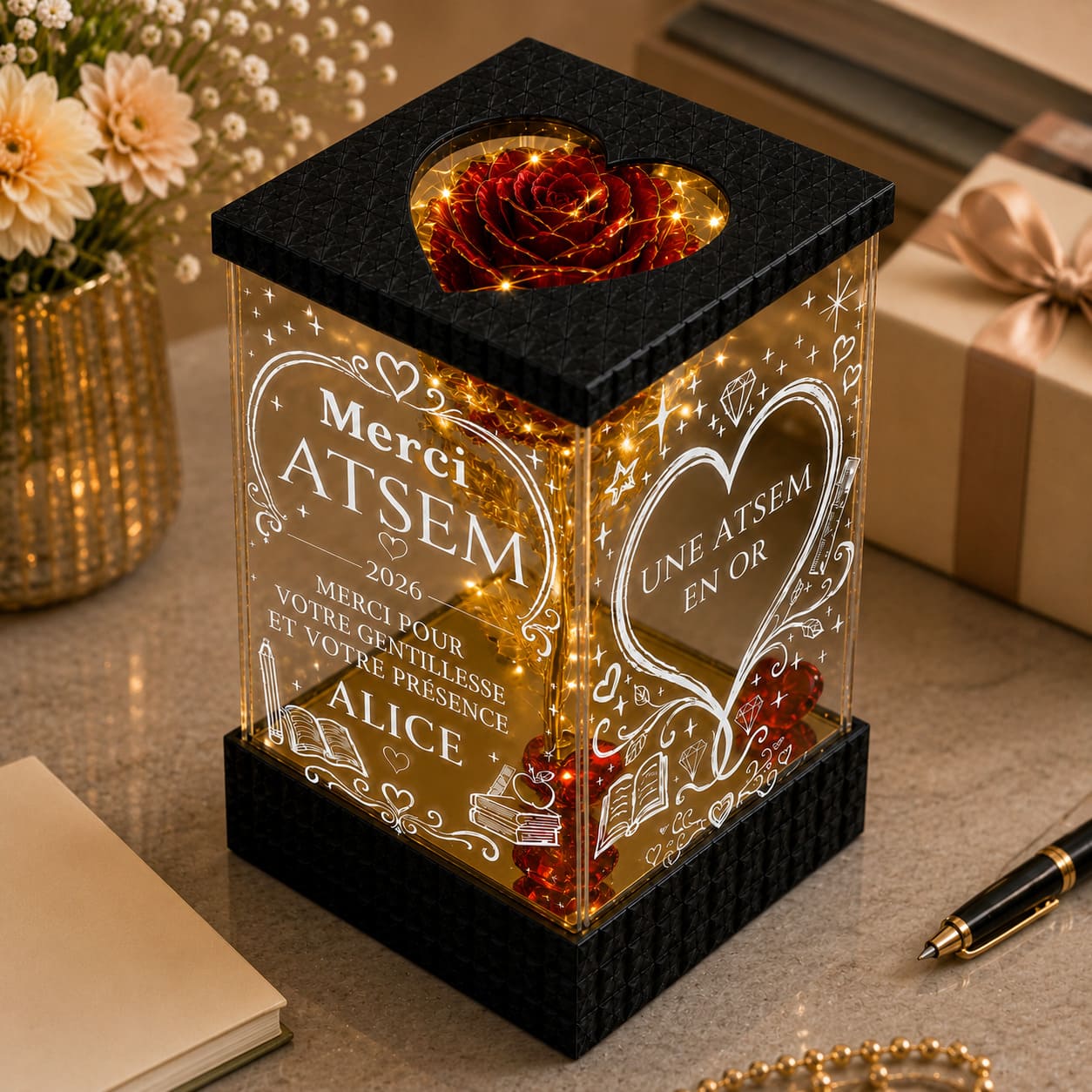 Merci ATSEM Rose Dorée Lumineuse – Cadeau Personnalisé de Fin d’Année Scolaire
