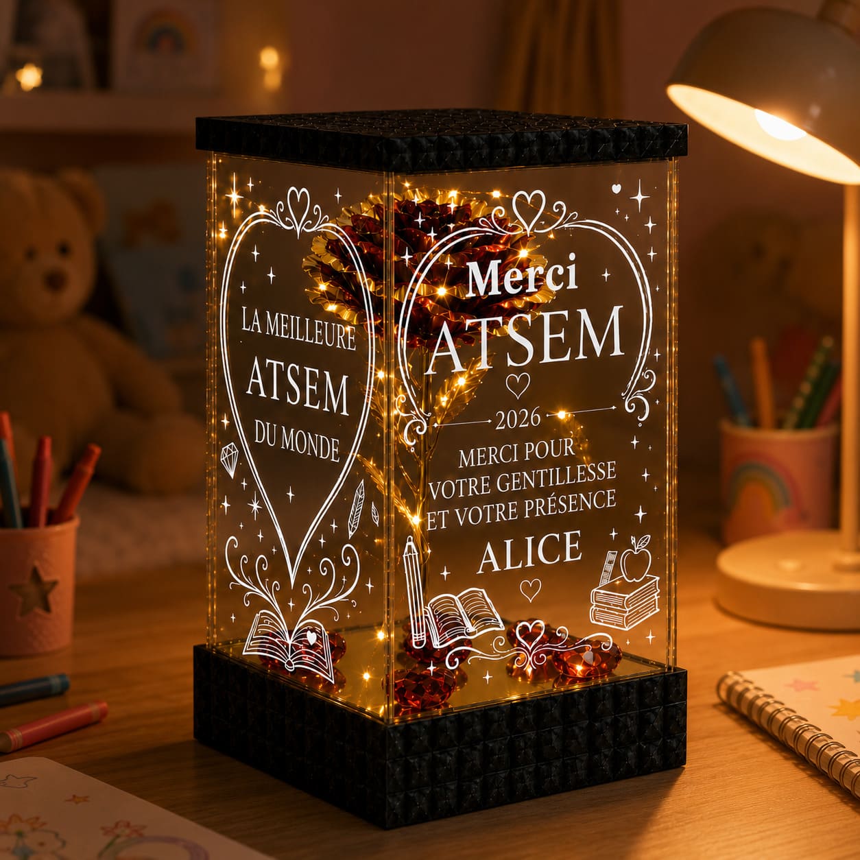 Merci ATSEM Rose Dorée Lumineuse – Cadeau Personnalisé de Fin d’Année Scolaire