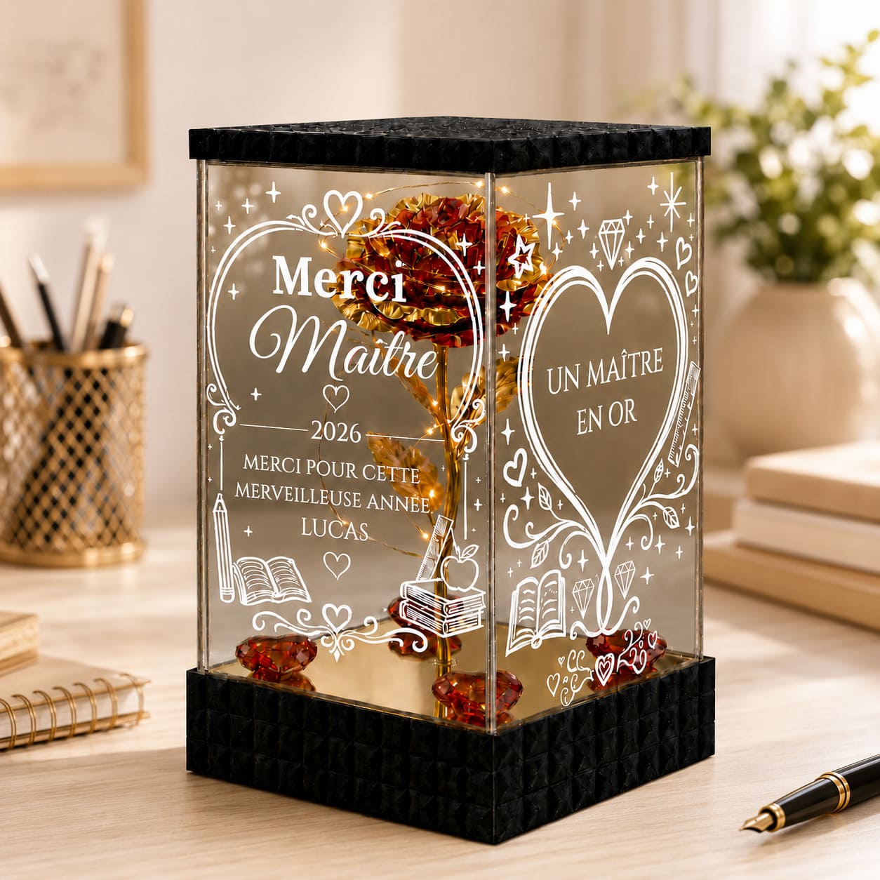 Rose Dorée Lumineuse Merci Maître – Cadeau Personnalisé de Fin d’Année Scolaire