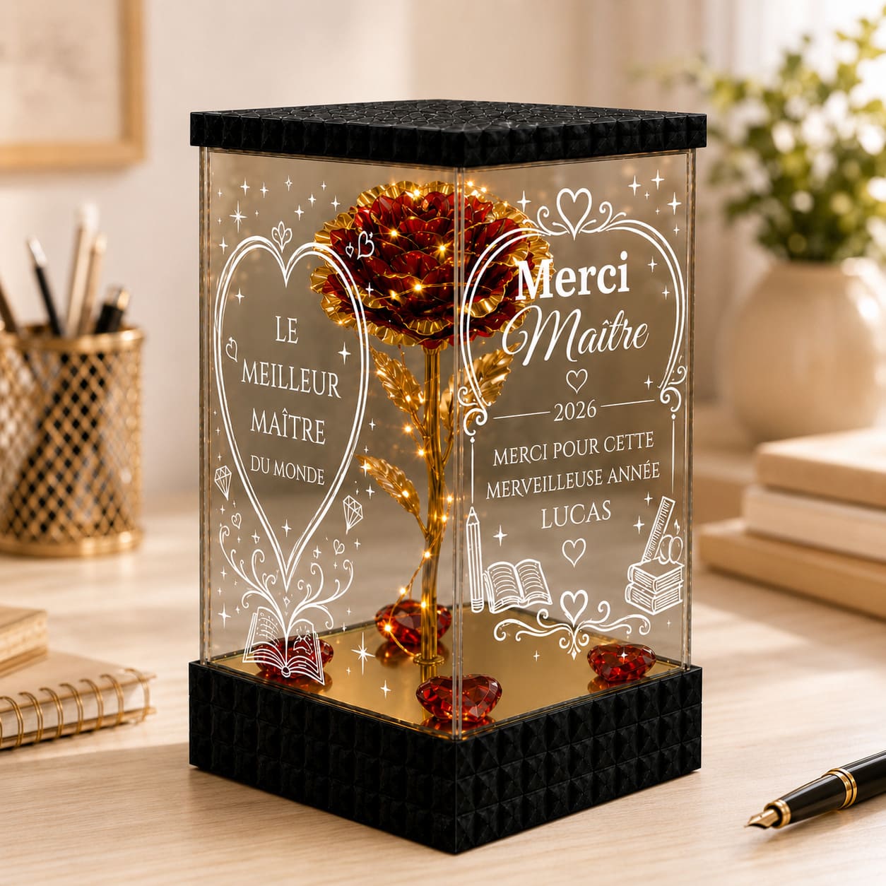 Rose Dorée Lumineuse Merci Maître – Cadeau Personnalisé de Fin d’Année Scolaire