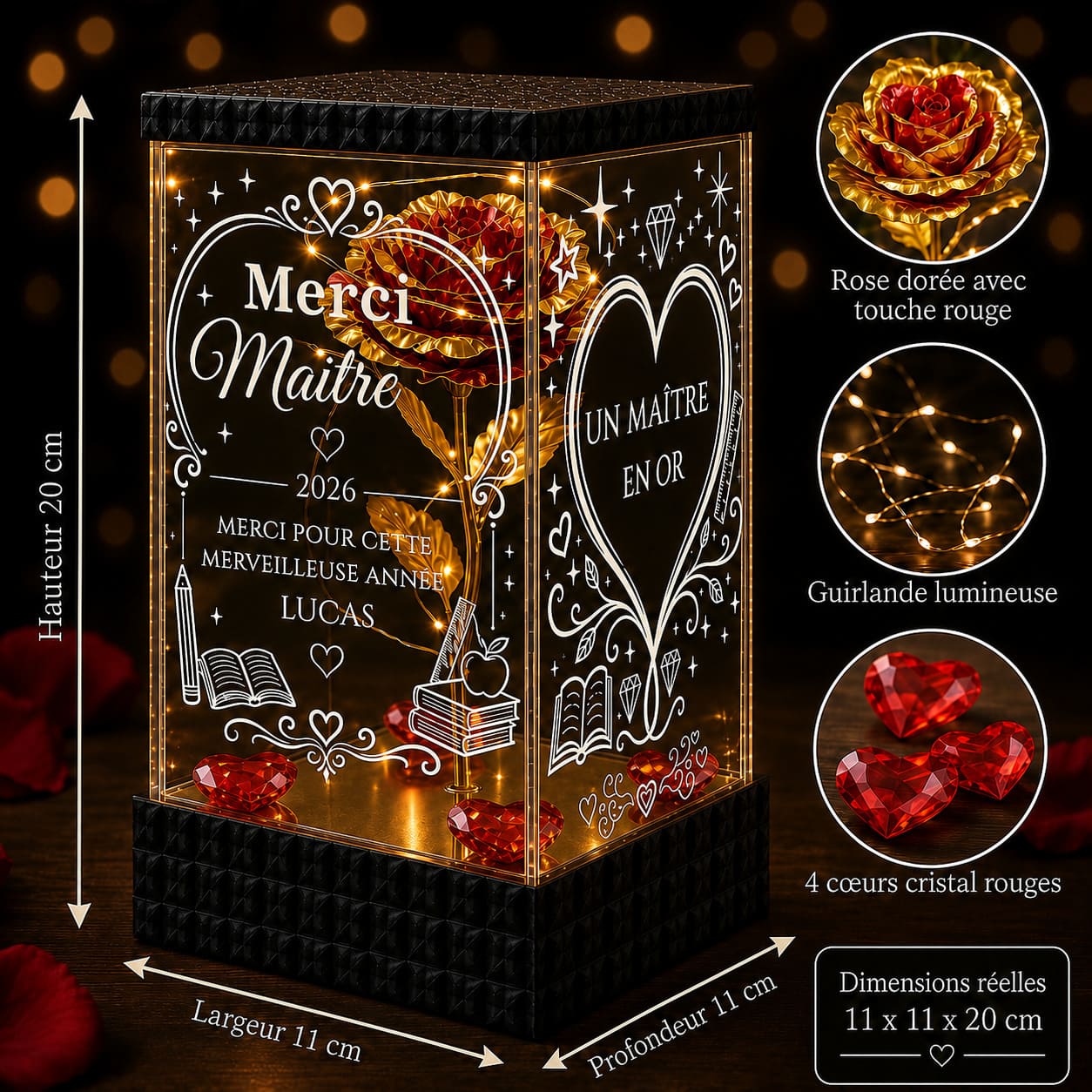 Rose Dorée Lumineuse Merci Maître – Cadeau Personnalisé de Fin d’Année Scolaire