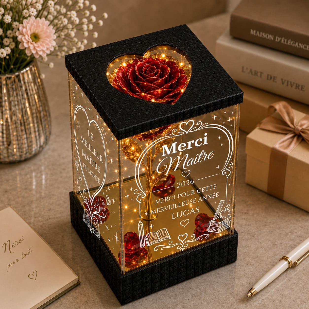 Rose Dorée Lumineuse Merci Maître – Cadeau Personnalisé de Fin d’Année Scolaire