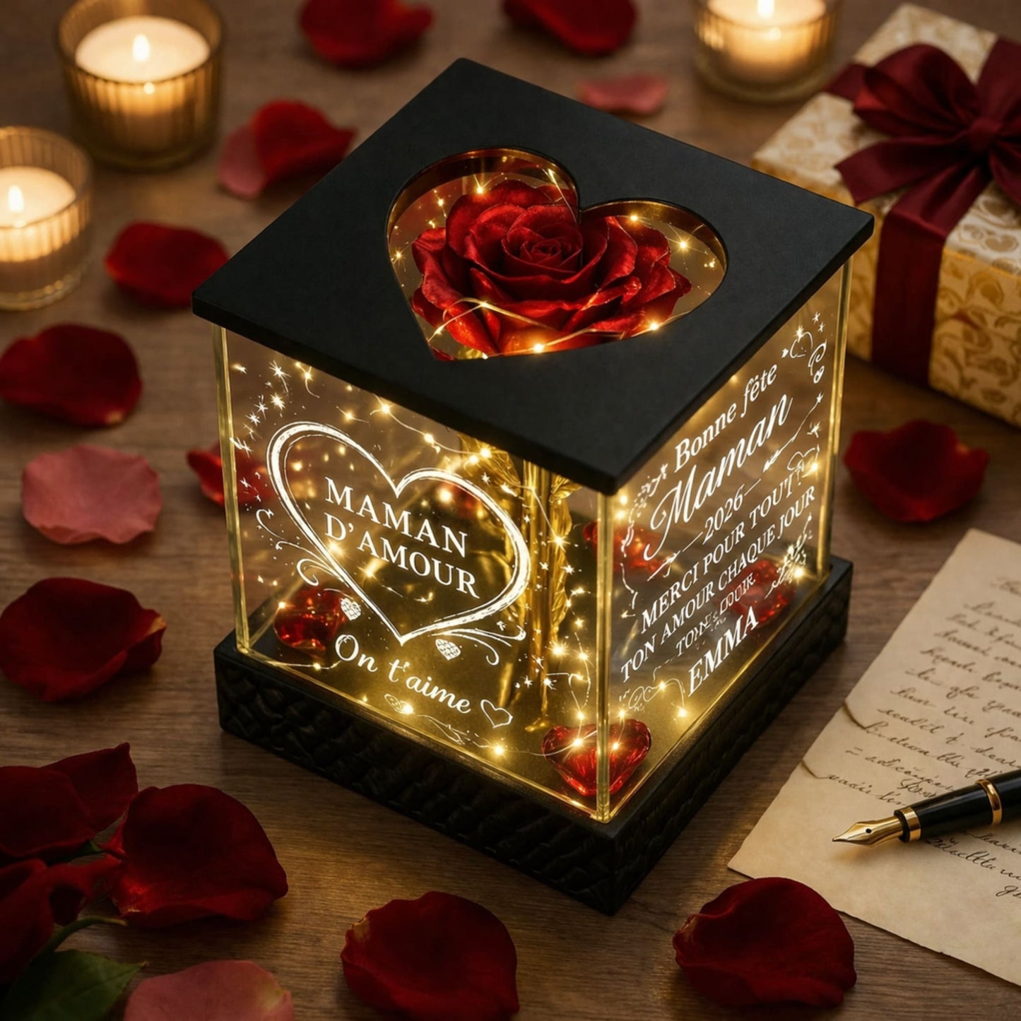 Rose lumineuse Fête des Mères personnalisée sous lanterne 4 faces gravées