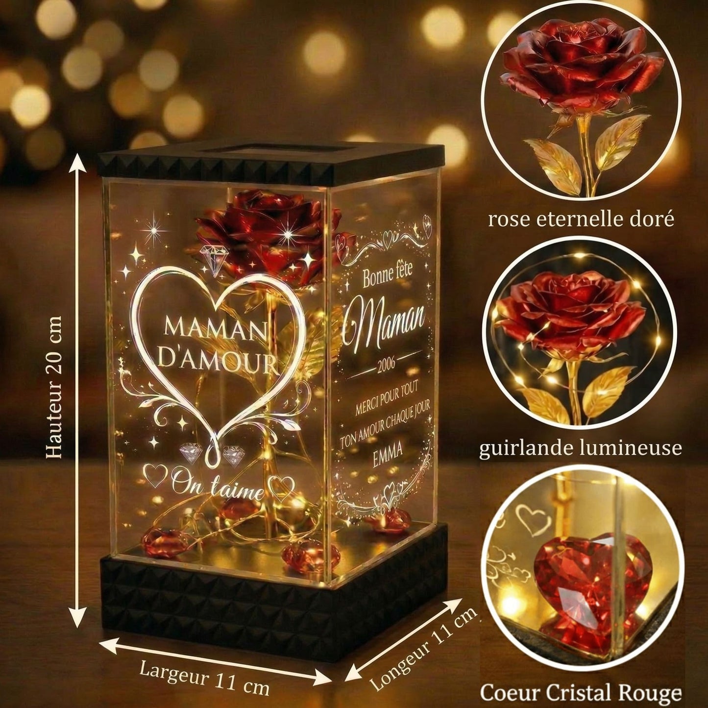 Rose lumineuse Fête des Mères personnalisée sous lanterne 4 faces gravées