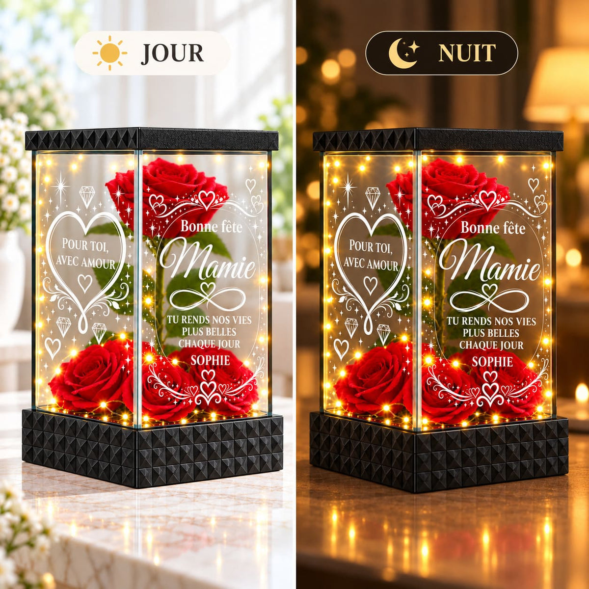 Rose rouge lumineuse personnalisée Mamie en version jour et nuit