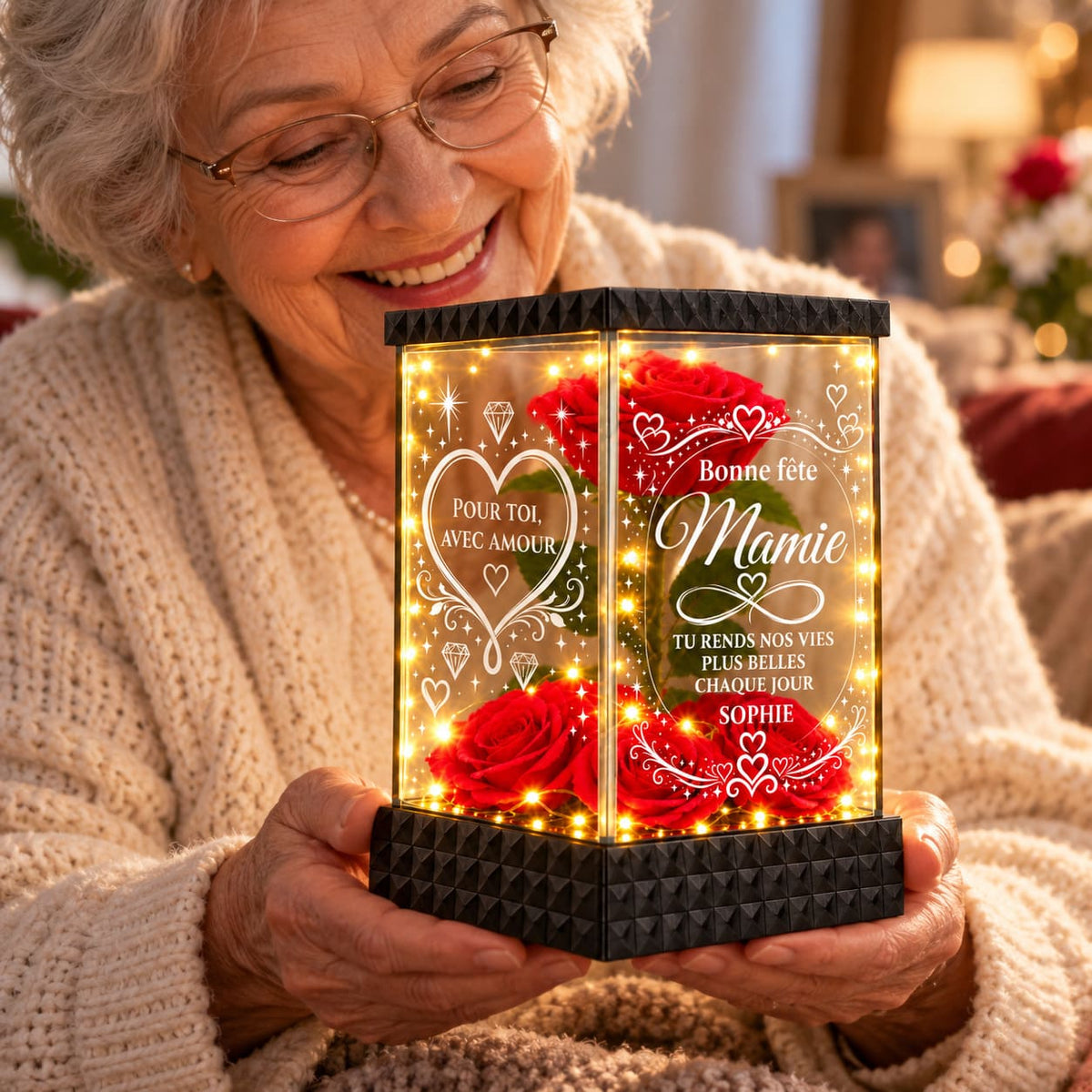 Cadeau Mamie personnalisé avec rose rouge et guirlande lumineuse 10 LED