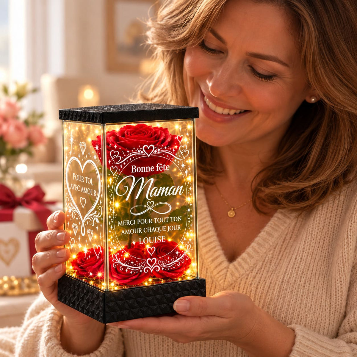Maman tenant une rose rouge lumineuse personnalisée sous lanterne pour la Fête des Mères