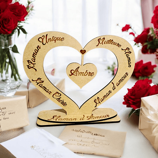 Cœur en Bois MDF Gravé avec Prénom Personnalisé et Mots Doux – Cadeau Fête des Mères
