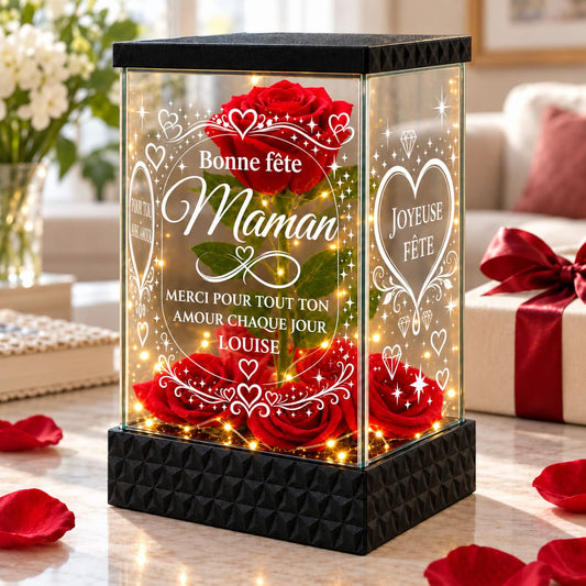 Lanterne avec rose rouge lumineuse pour maman, gravures Bonne fête Maman et Joyeuse fête