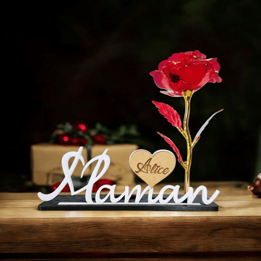 Maman en 3D avec Rose Éternelle et Cœur Personnalisé