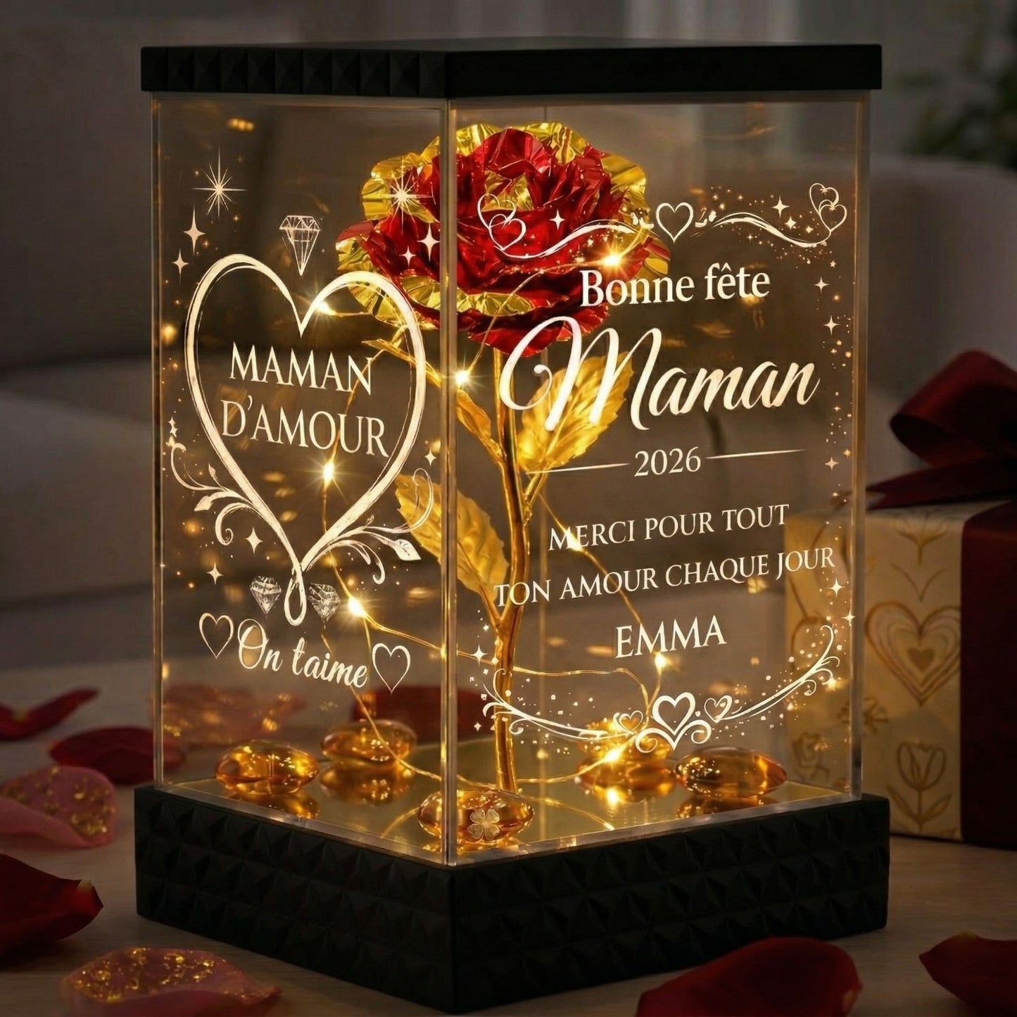 Rose lumineuse Fête des Mères personnalisée sous lanterne 4 faces gravées