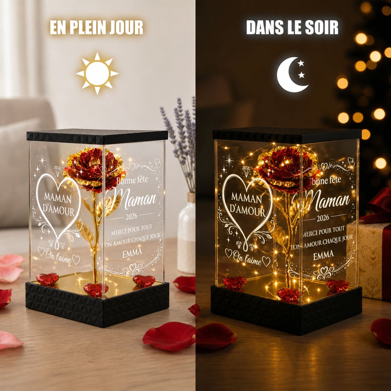 Rose lumineuse Fête des Mères personnalisée sous lanterne 4 faces gravées