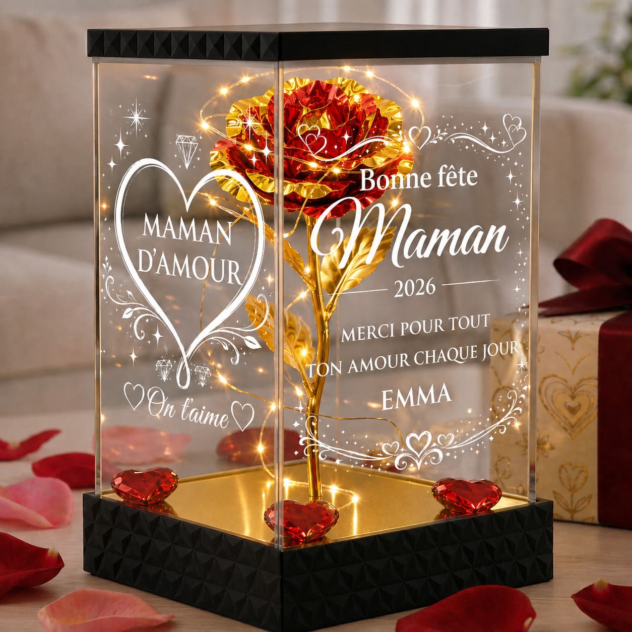 Rose lumineuse Fête des Mères personnalisée sous lanterne 4 faces gravées