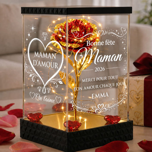 Rose lumineuse Fête des Mères personnalisée sous lanterne 4 faces gravées
