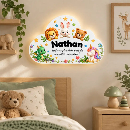 Veilleuse nuage personnalisée thème animaux dans une chambre d’enfant