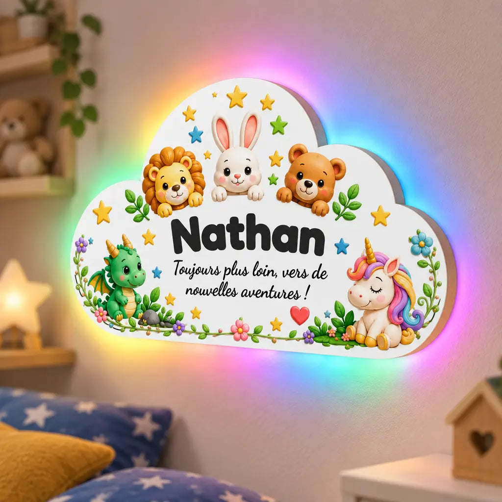 Détail du nuage personnalisé thème animaux en MDF avec prénom et LED