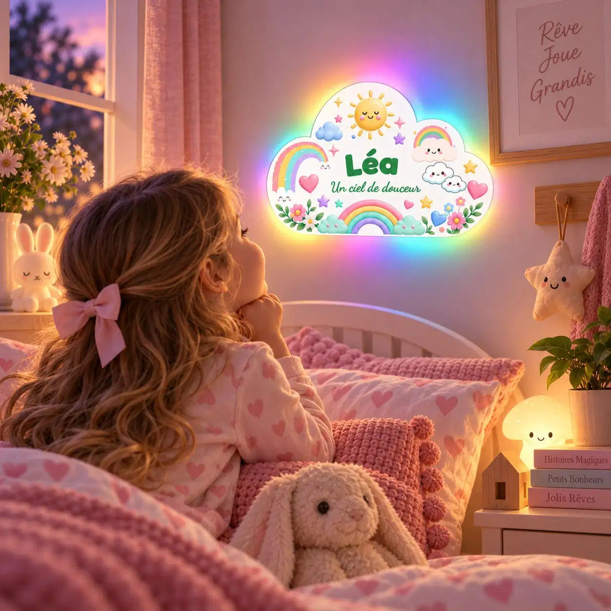 Veilleuse nuage arc-en-ciel personnalisée avec prénom dans une chambre d’enfant la nuit