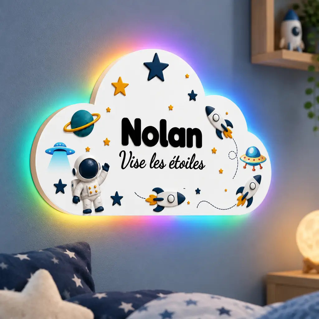 Détail du nuage personnalisé thème espace en MDF avec prénom et LED
