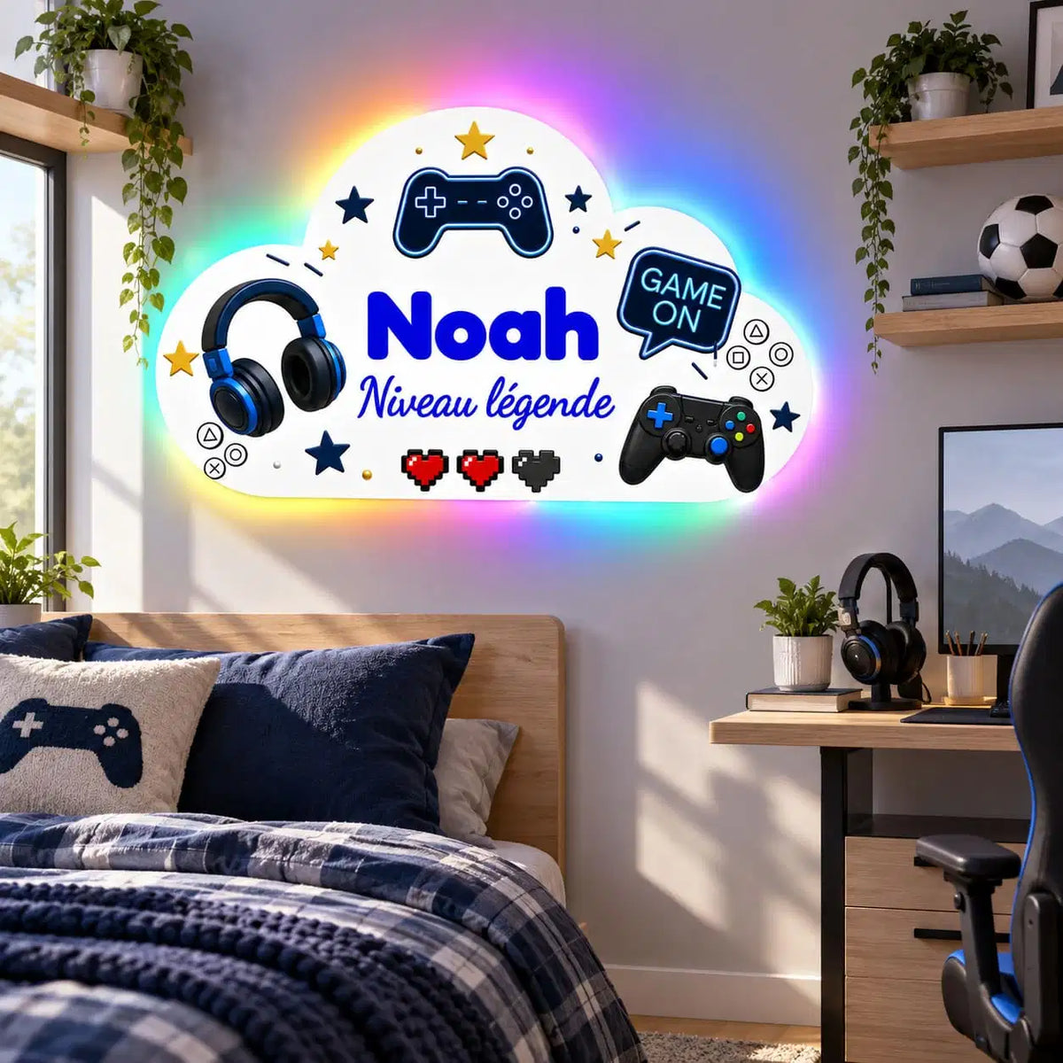 Veilleuse nuage gaming personnalisée avec prénom dans une chambre enfant