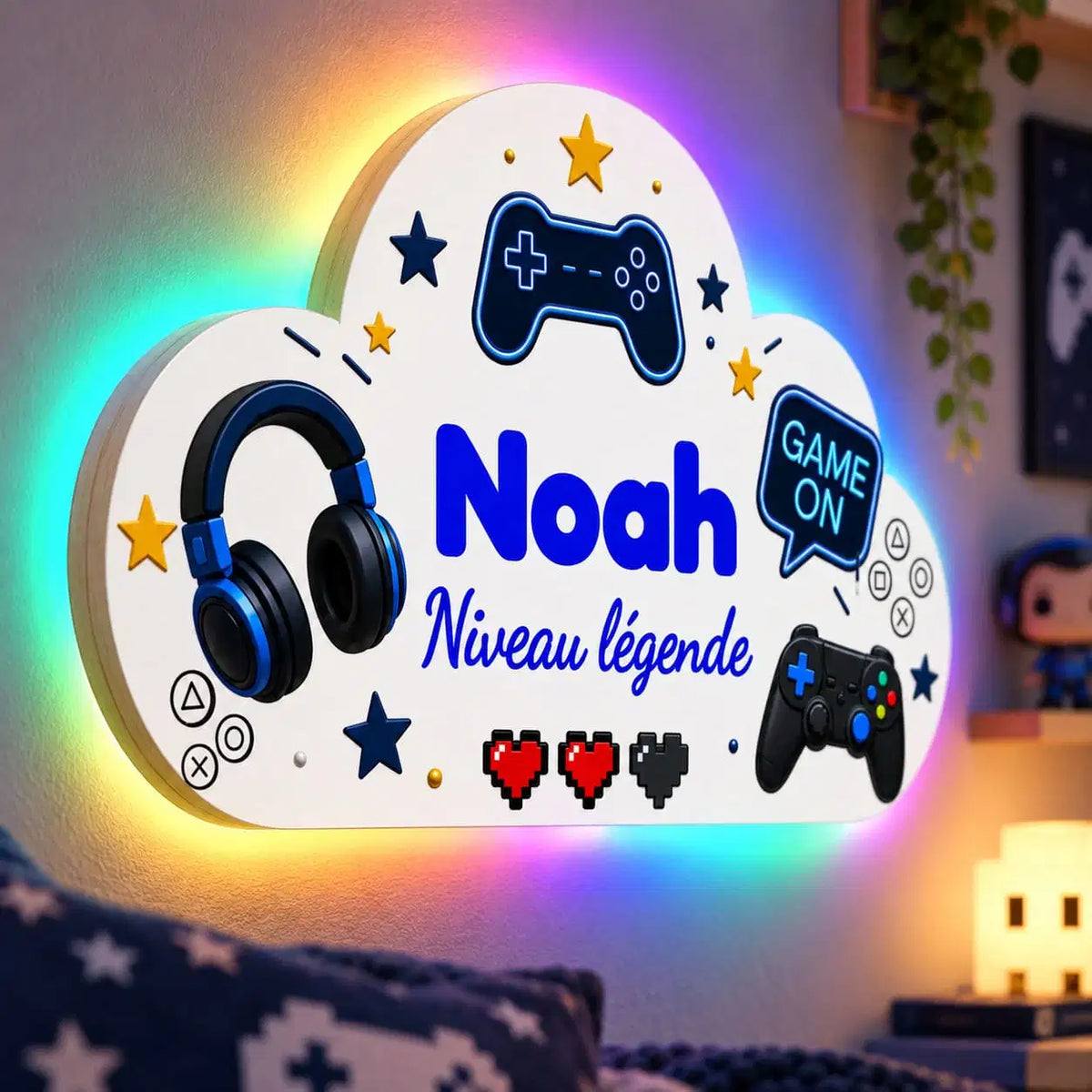 Détail d’une veilleuse nuage gaming personnalisée avec prénom et éclairage LED