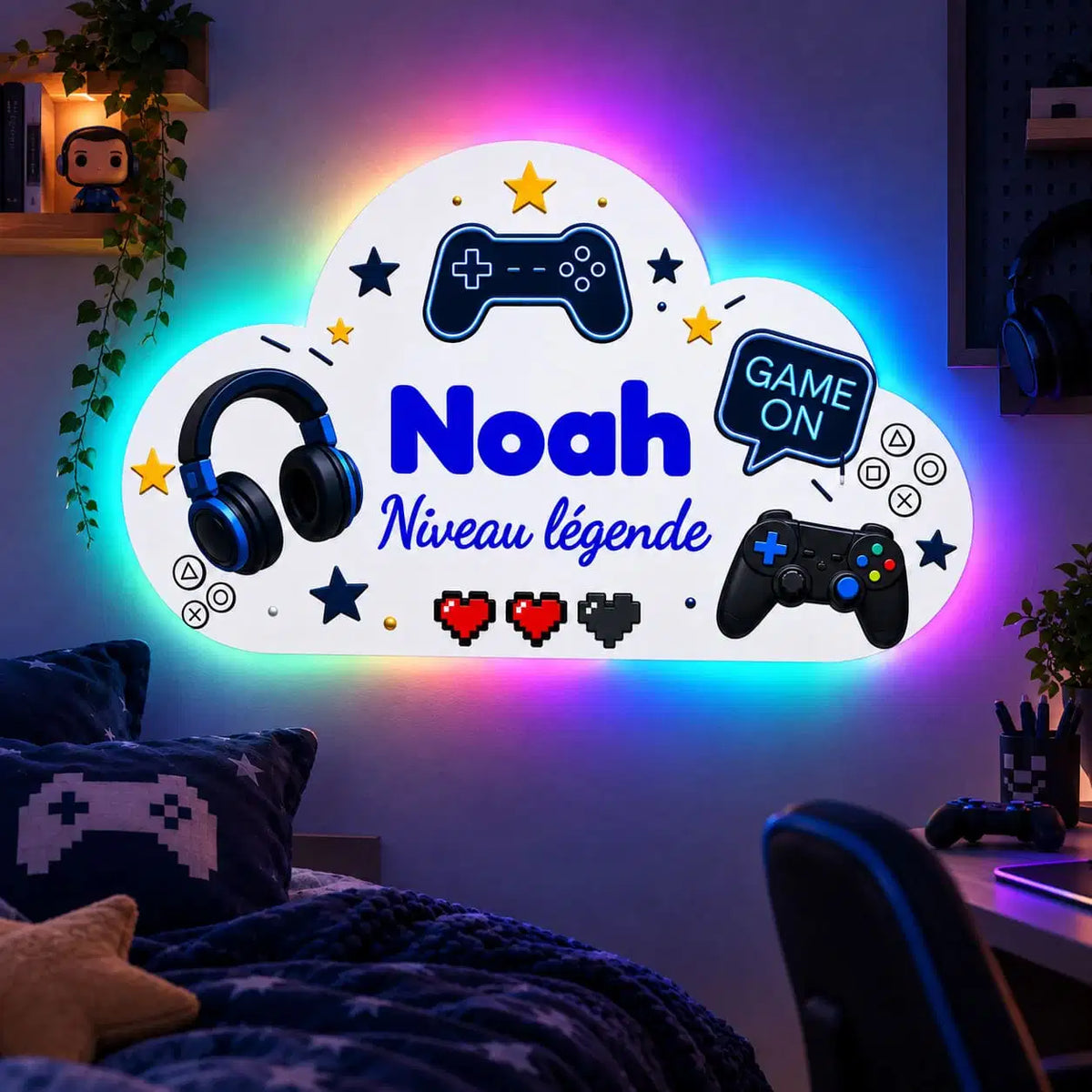 Nuage lumineux gaming personnalisé avec halo LED RGB bleu et violet