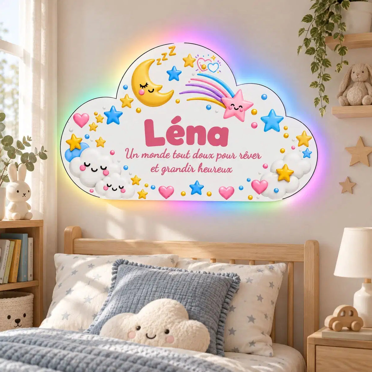 Veilleuse nuage personnalisée lune avec prénom dans une chambre d’enfant