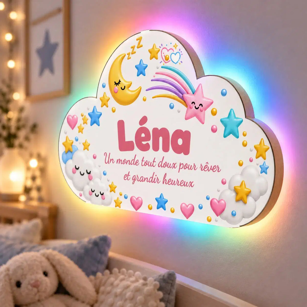 Détail d’un nuage lune personnalisé avec prénom, MDF et éclairage LED