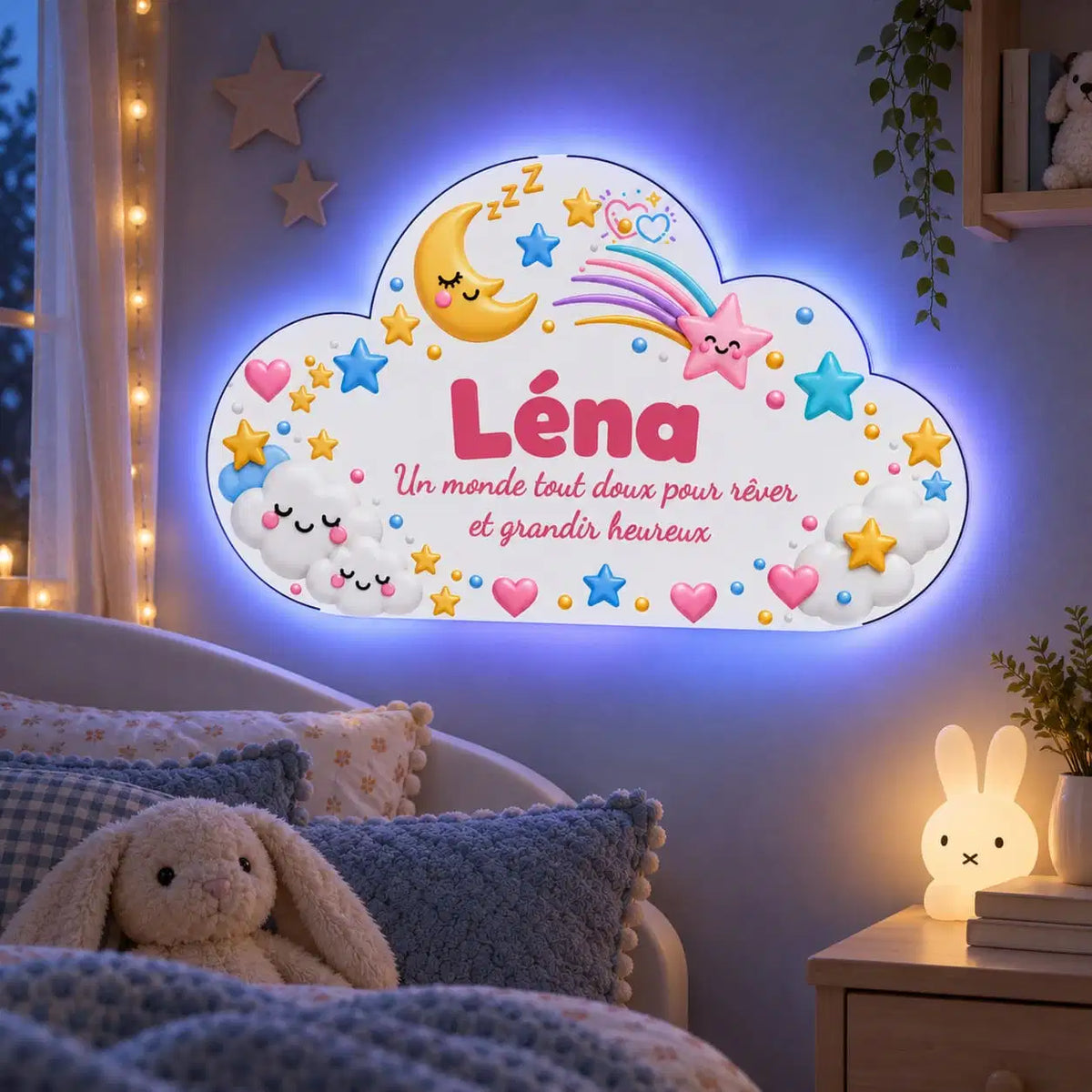 Nuage lumineux personnalisé lune avec halo LED bleu dans une chambre enfant