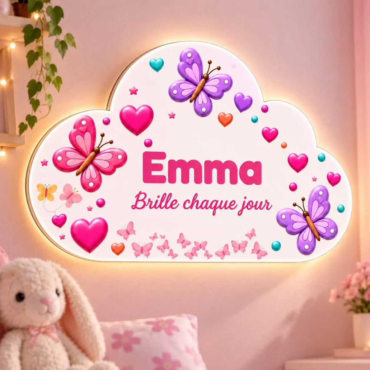 Détail d’un nuage papillon personnalisé avec prénom et halo LED