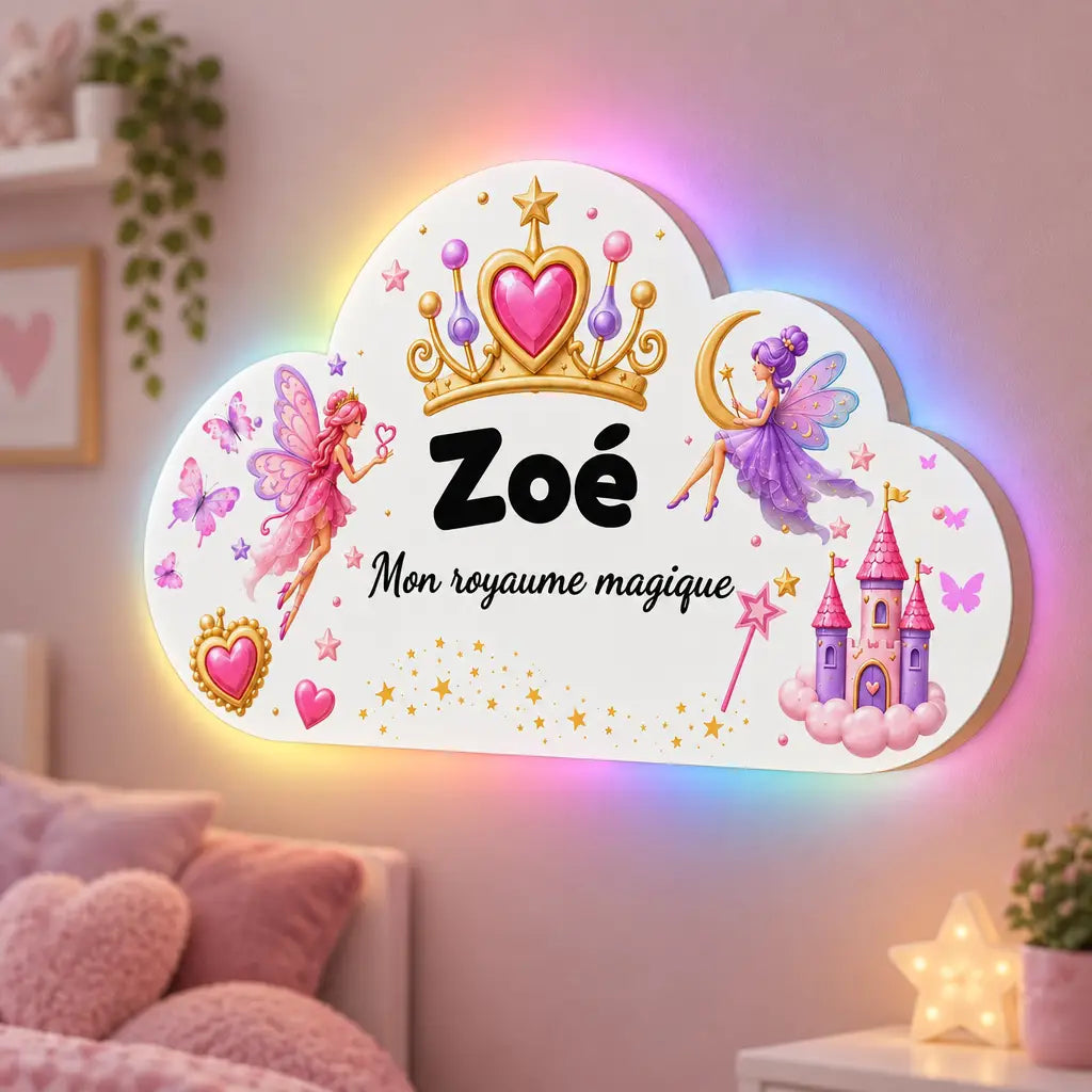 Détail du nuage personnalisé thème princesse en MDF avec prénom et LED