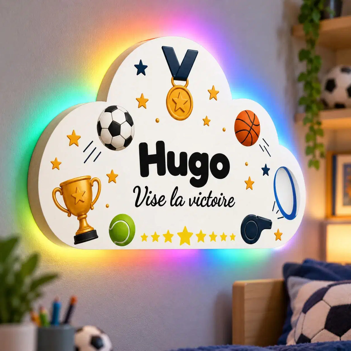 Détail du nuage sports personnalisé avec prénom et éclairage LED