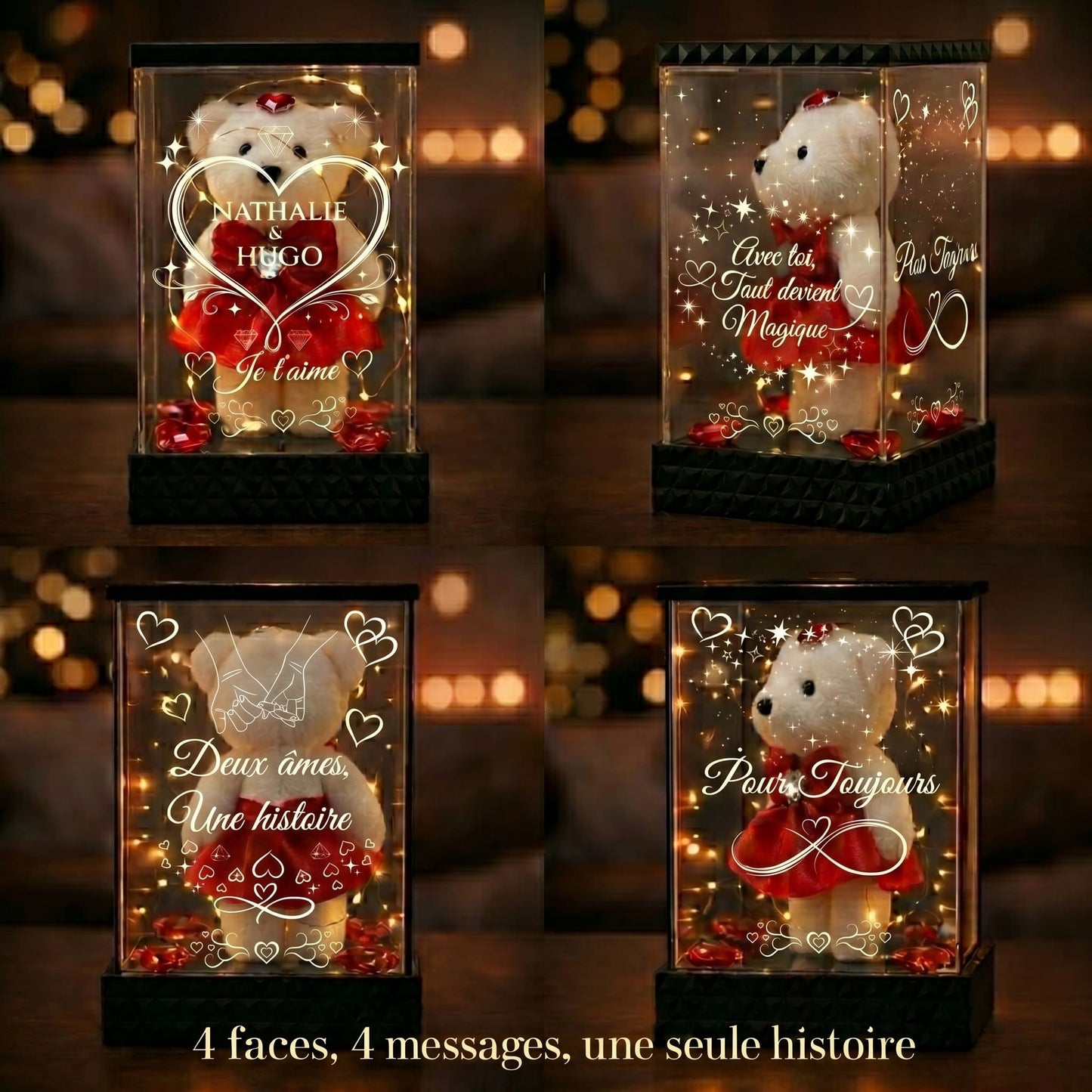 Ourson Lumineux Personnalisé sous Lanterne – 4 Faces Gravées, Cadeau Amour Saint-Valentin & Couple