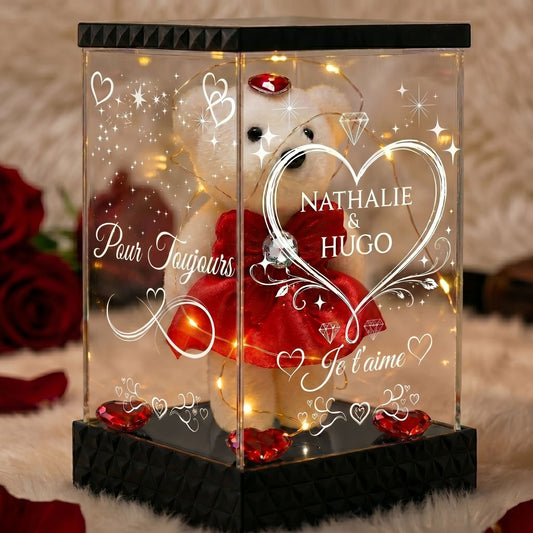 Ourson Lumineux Personnalisé sous Lanterne – 4 Faces Gravées, Cadeau Amour Saint-Valentin & Couple